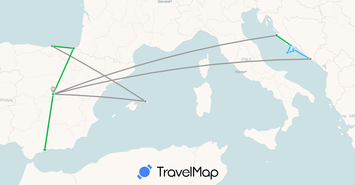 TravelMap itinerary: driving, bus, plane, boat in Spain, Croatia (Europe)